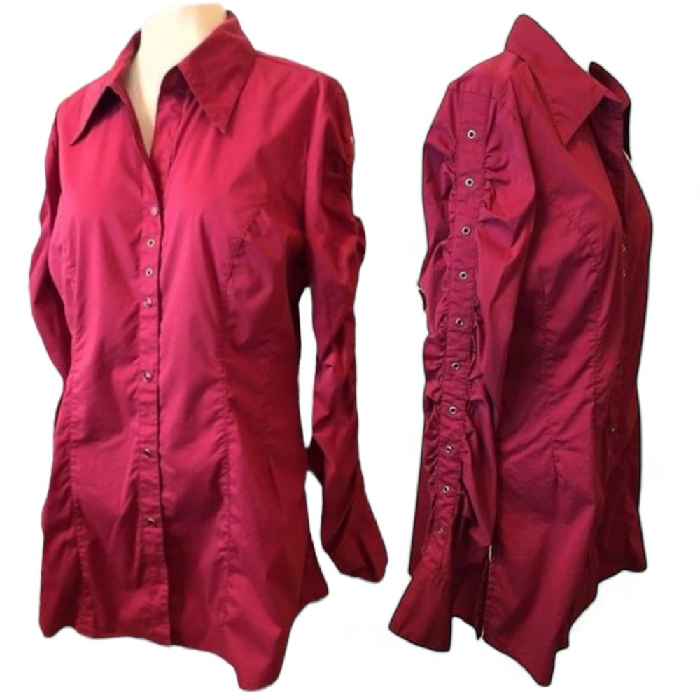 Antilia Femme Ruched Metal Grommet Accent Pearl Snap Pointed Collar Blouse